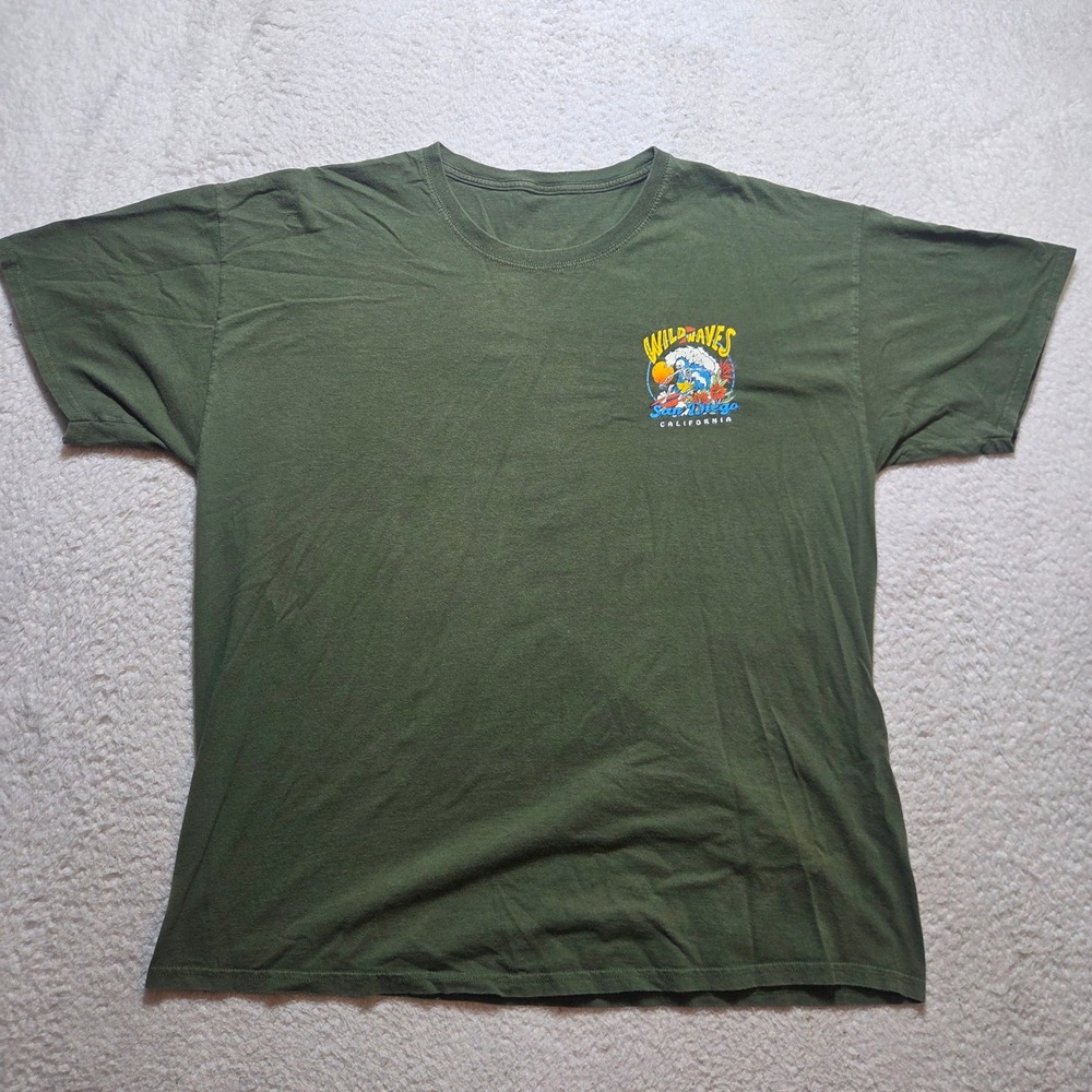 Wild Waves T-Shirt Mens XL Green Surfing Skeleton San Diego Graphic Tee Retro
